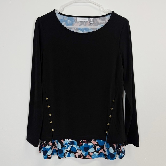 Susan Graver Tops - Susan Graver Liquid Knit Blouse Womens XS Black Blue Floral Trim Gold Button